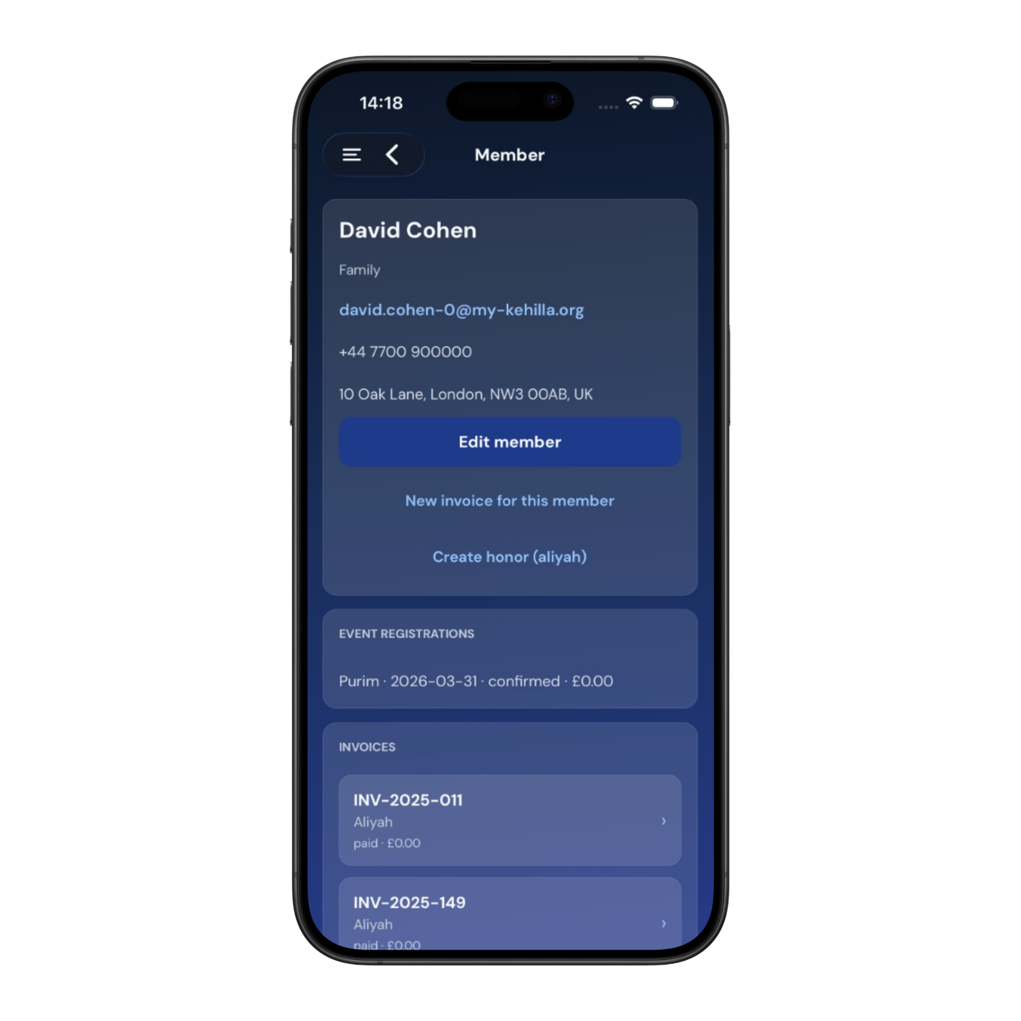 Kehilla mobile app: member profile